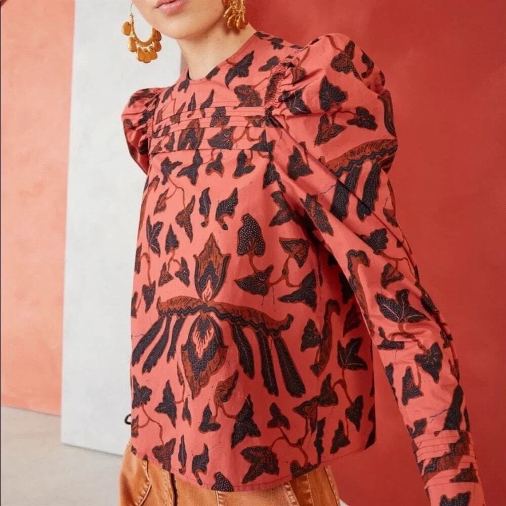 Ulla Johnson Coral Pink Floral Puff-Sleeve Blouse